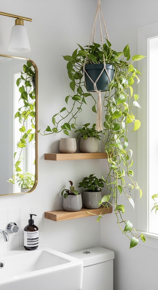 a mixed houseplants plant displayed prominently in a stylish bathroom with plants on shelves near the sink, for bathroom plants