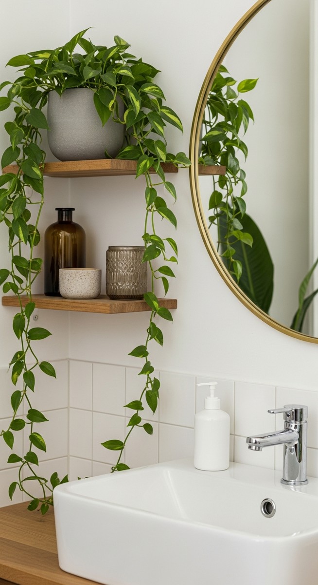 a mixed houseplants plant paired with decorative objects in a stylish bathroom with plants on shelves near the sink