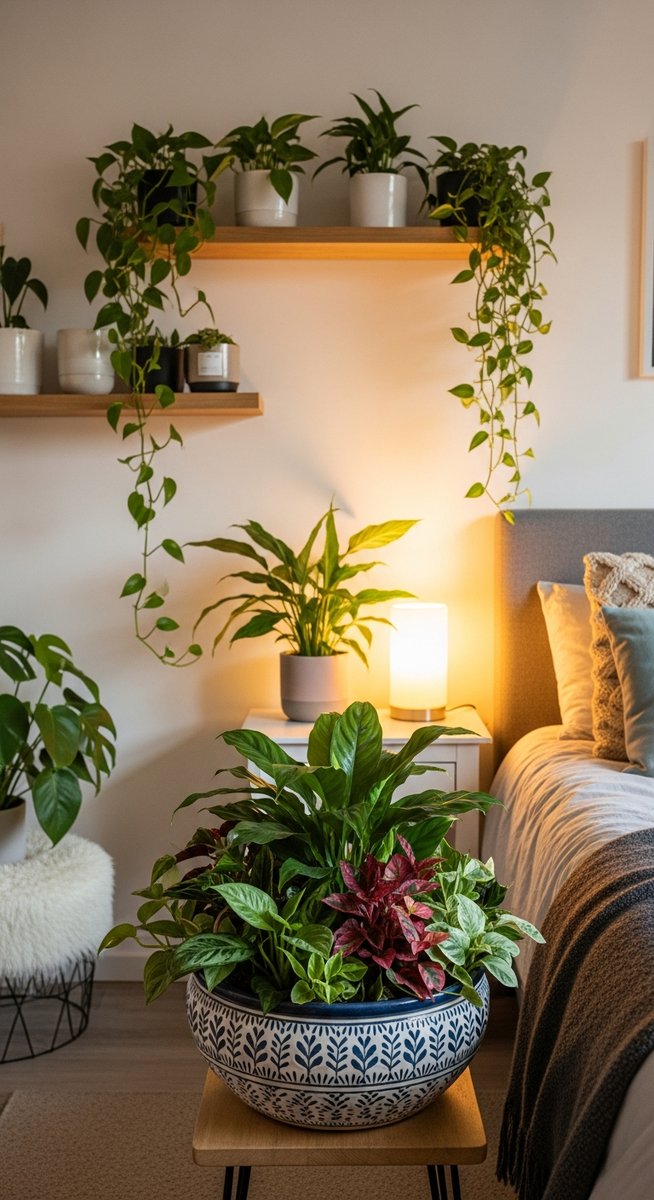 a mixed houseplants plant in a decorative pot as a focal point in a cosy bedroom with plants on shelves and bedside table