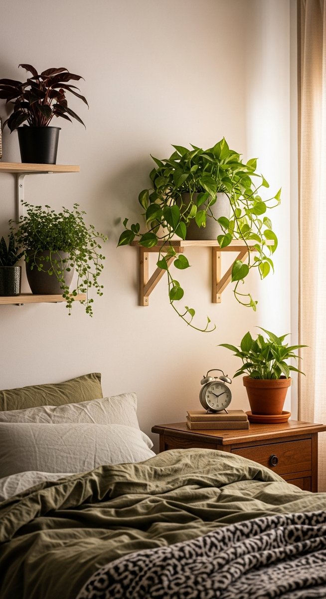 a mixed houseplants plant displayed on a shelf in a cosy bedroom with plants on shelves and bedside table, for bedroom plants