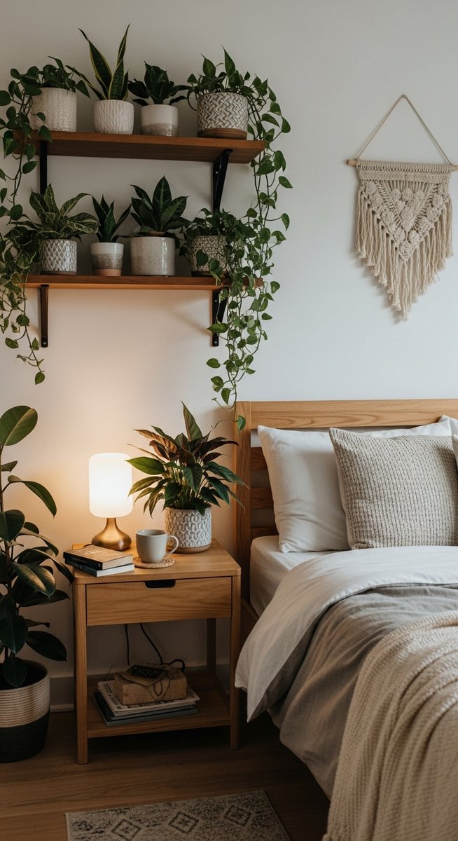 a mixed houseplants plant as a key decorative element in a cosy bedroom with plants on shelves and bedside table