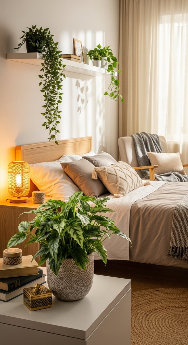 a mixed houseplants plant paired with decorative objects in a cosy bedroom with plants on shelves and bedside table