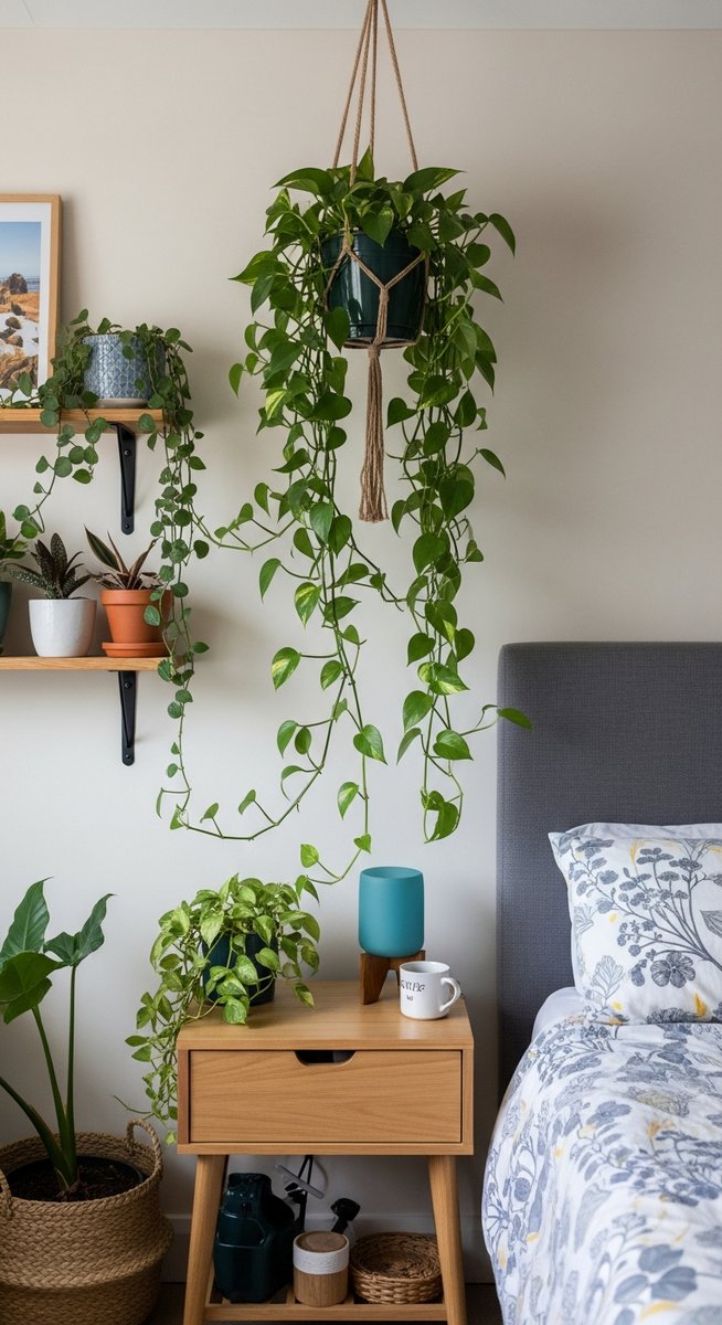 a mixed houseplants plant displayed prominently in a cosy bedroom with plants on shelves and bedside table, for bedroom plants