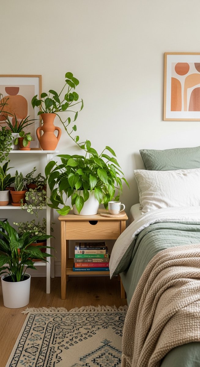 a mixed houseplants plant paired with decorative objects in a cosy bedroom with plants on shelves and bedside table