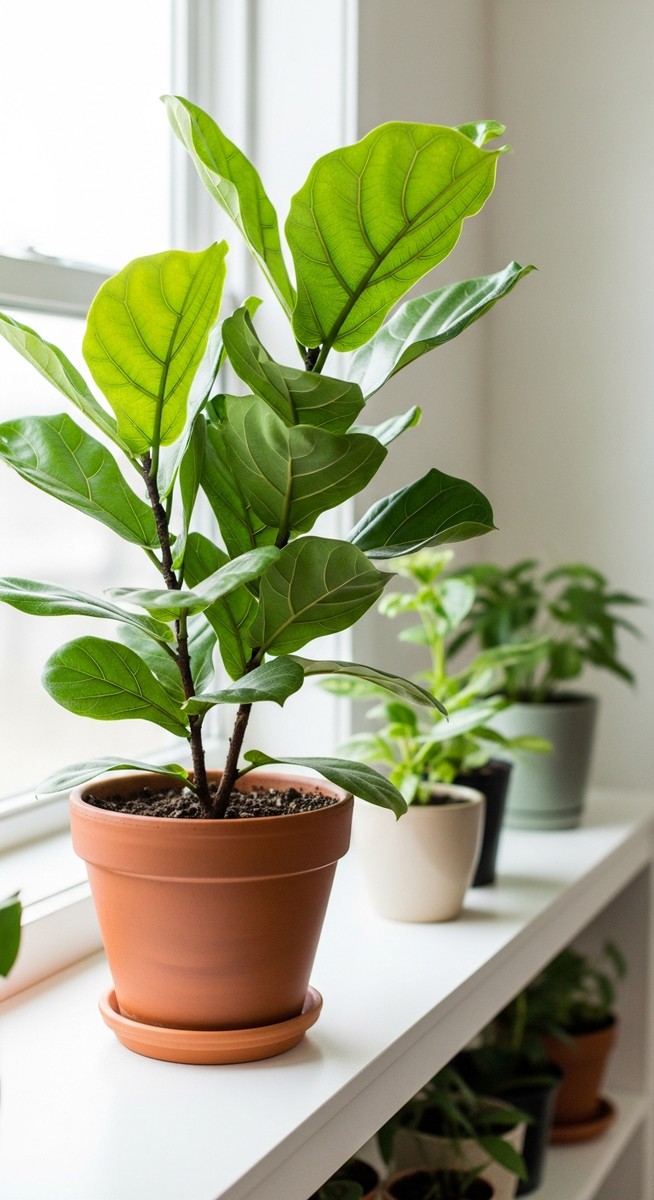 a lush fiddle leaf fig plant in a terracotta pot on a white shelf