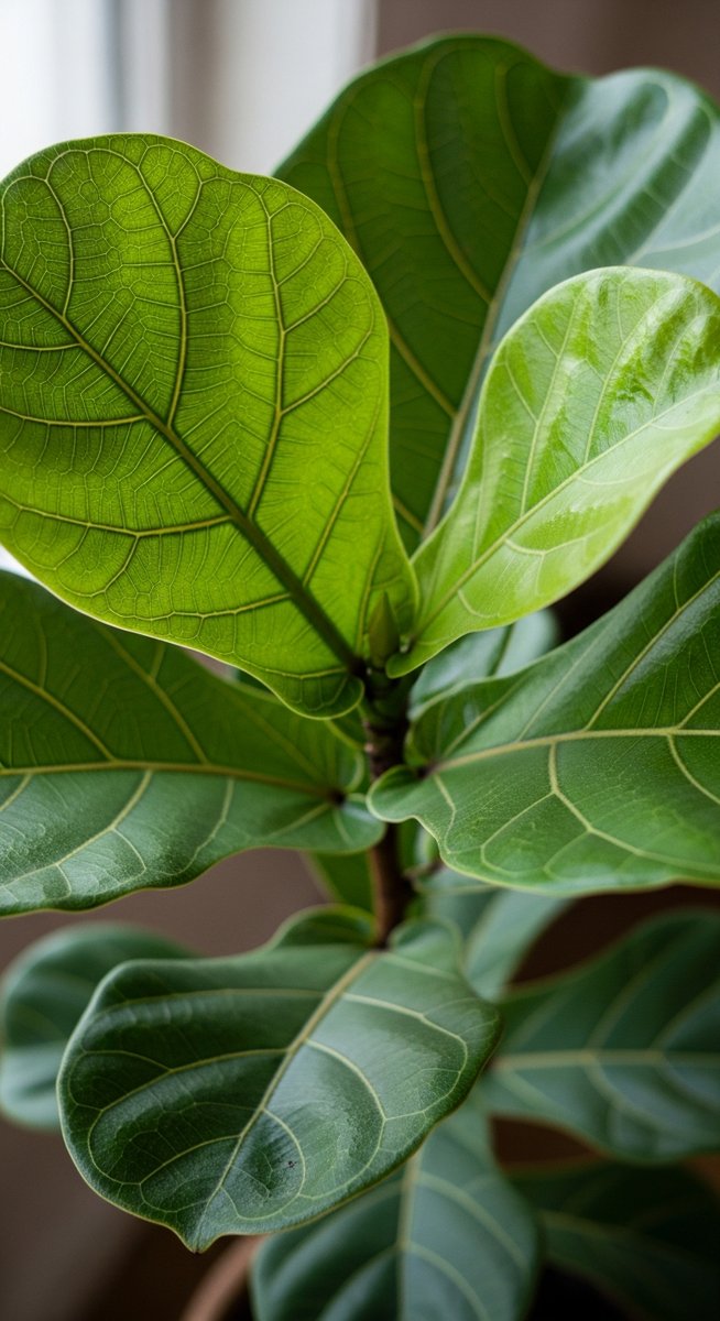 close-up of healthy fiddle leaf fig leaves showing vivid colour and texture, for best fiddle leaf fig temperature