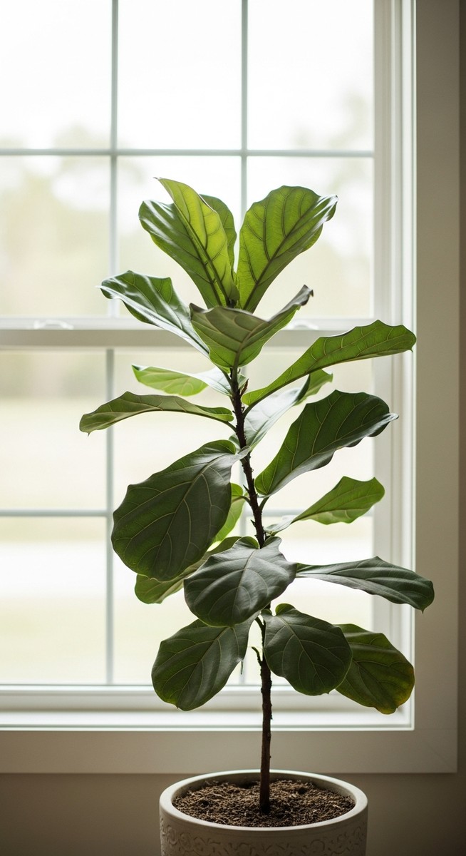 a fiddle leaf fig plant in a pot near a bright window