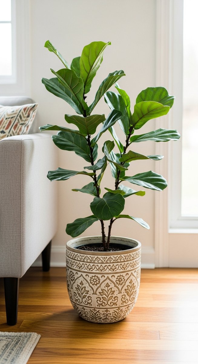 a fiddle leaf fig plant in a decorative pot on a wooden floor
