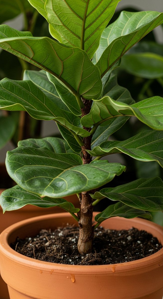 close-up of the base and lower leaves of a fiddle leaf fig plant, for best fiddle leaf fig temperature