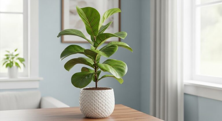 a healthy fiddle leaf fig plant displayed in a bright modern living room, for best fiddle leaf fig temperature