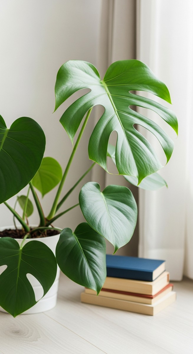 A healthy tropical houseplant such as a monstera or fiddle leaf fig in a bright, for best houseplant books