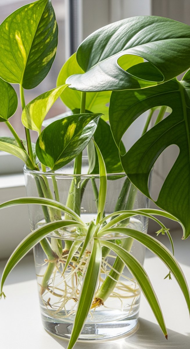 a a selection of houseplant cuttings including pothos, monstera and spider plant cutting in water with white roots beginning to develop