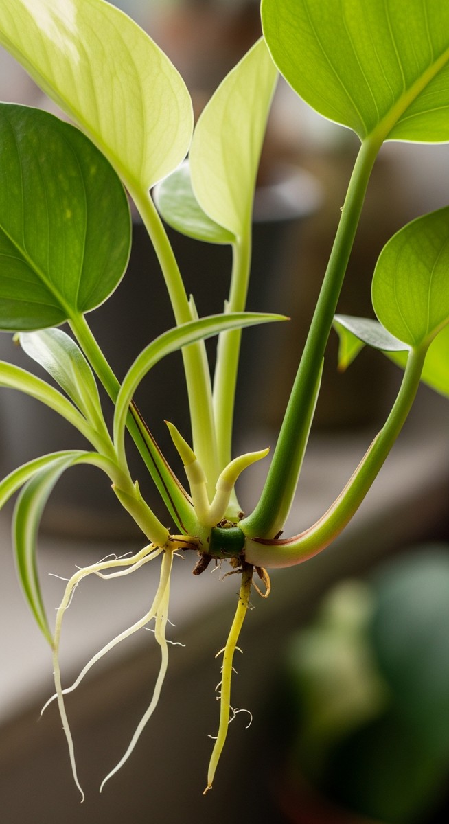 close-up of a a selection of houseplant cuttings including pothos, monstera and spider plant cutting node with root nubs emerging, for best houseplants propagation