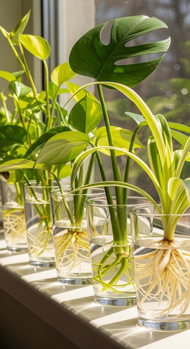 several a selection of houseplant cuttings including pothos, monstera and spider plant cuttings in glasses of water on a windowsill