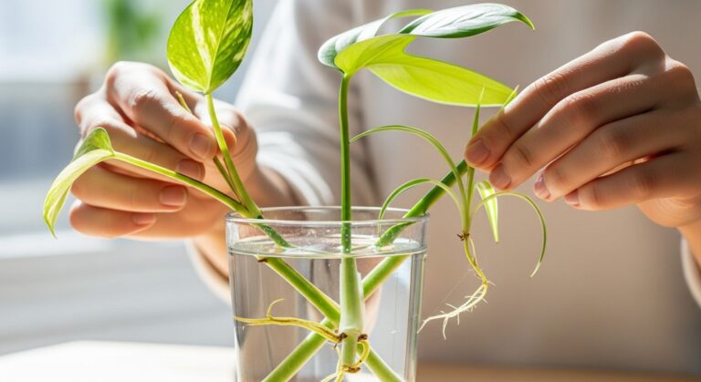 hands holding a a selection of houseplant cuttings including pothos, monstera and spider plant cutting over a glass of water ready to propagate, for best houseplants propagation