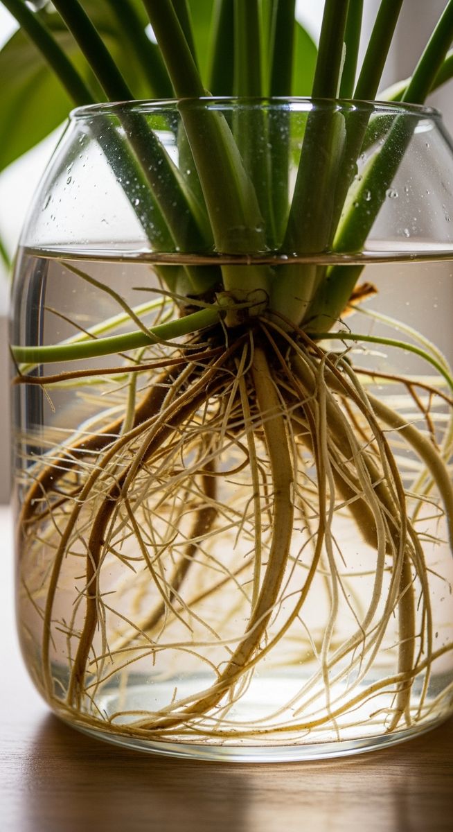 close-up of mixed houseplants roots growing in a clear glass container of water