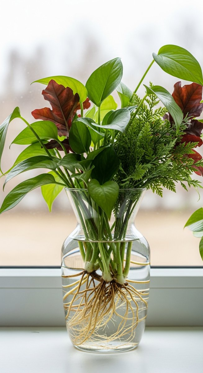 a mixed houseplants plant in a glass vase of water on a windowsill with visible roots, for best hydroponic plants indoors