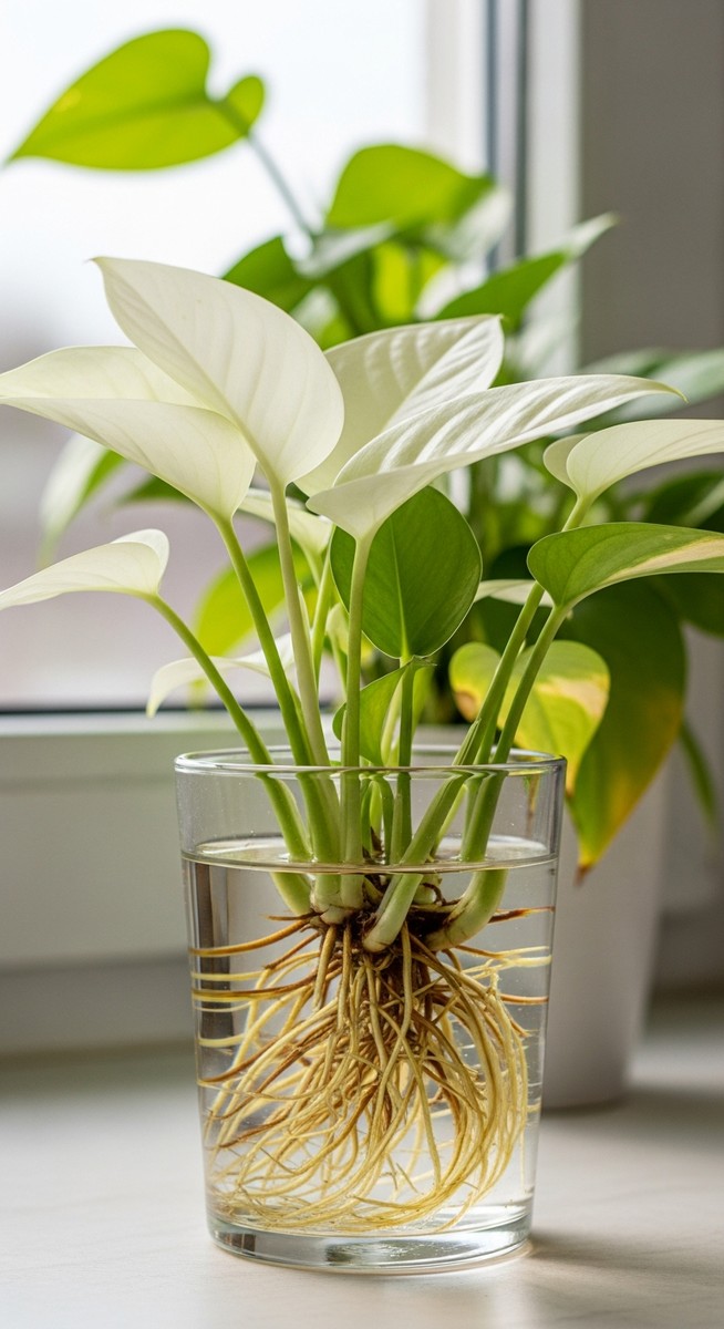 close-up of healthy white mixed houseplants roots growing in a glass of water, for best hydroponic plants indoors