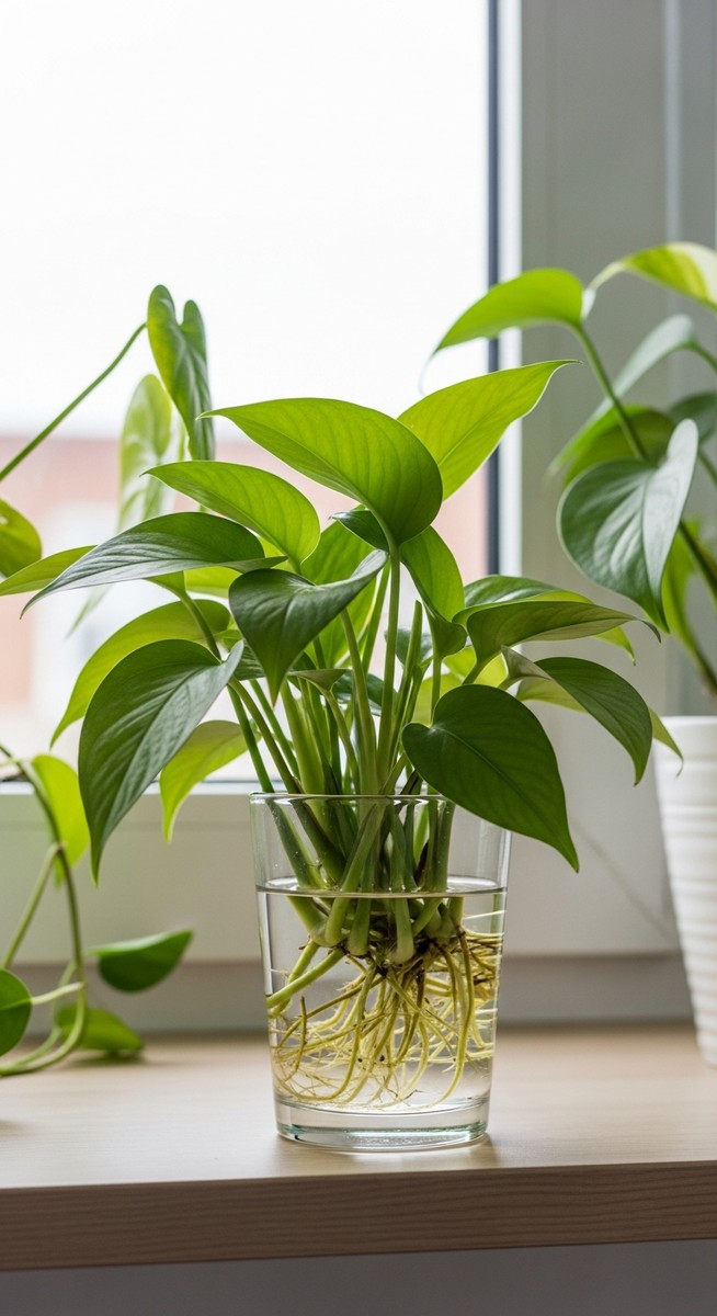 a mixed houseplants plant thriving in a glass of water on a shelf