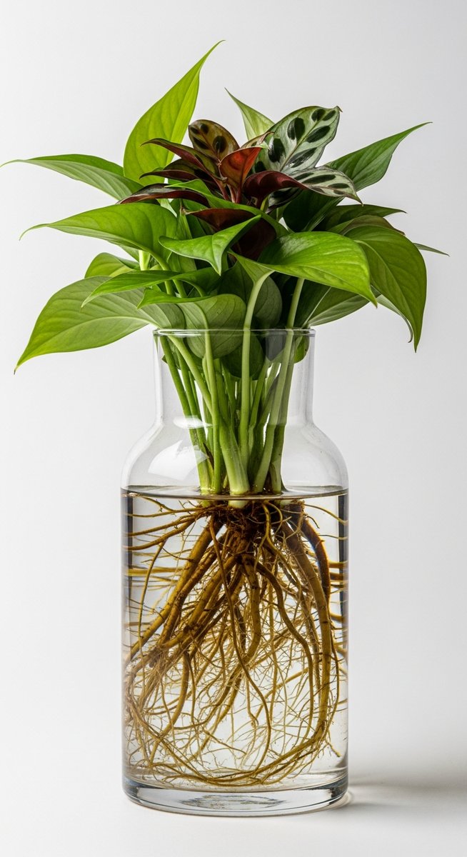 a clear glass vase containing a mixed houseplants plant with visible roots in water, for best hydroponic plants indoors