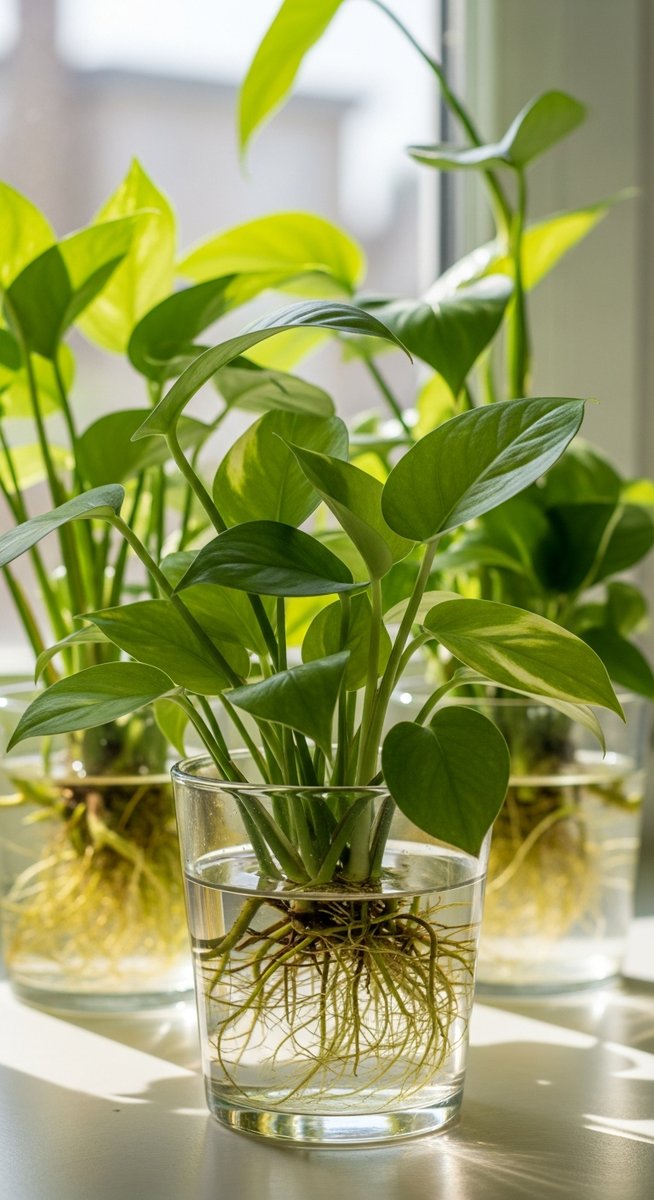 a mixed houseplants plant growing hydroponically in a glass of water