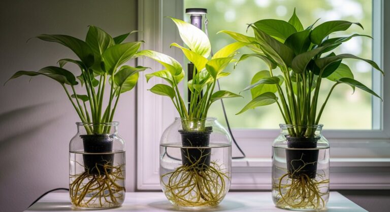 a mixed houseplants plant growing with roots submerged in a clear vase of water, for best hydroponic plants indoors
