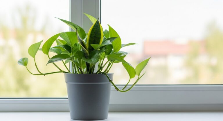 A healthy easy-care houseplant such as a pothos or snake plant in a simple pot o, for best indoor plants beginners