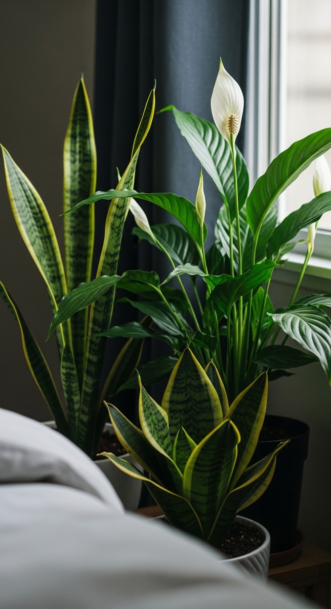 close-up of low-light tolerant houseplants such as snake plant and peace lily leaves looking lush in a bedroom with low light
