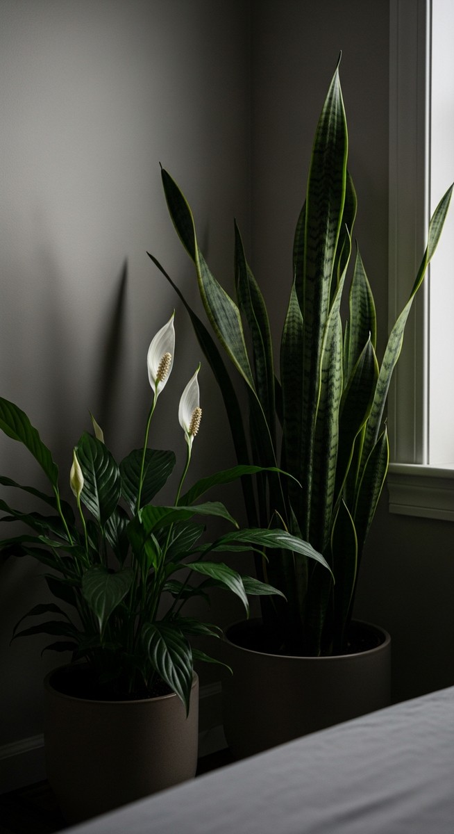a low-light tolerant houseplants such as snake plant and peace lily thriving in a bedroom with low light, for best indoor plants low light bedrooms