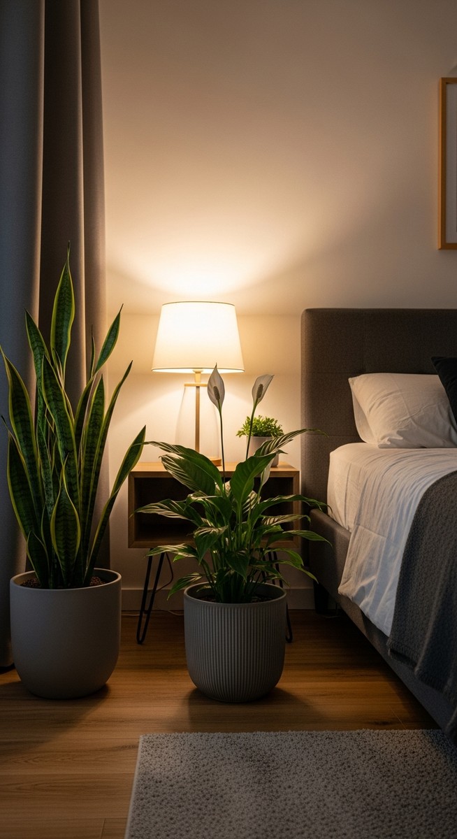 wide shot of a low-light tolerant houseplants such as snake plant and peace lily positioned in a bedroom with low light