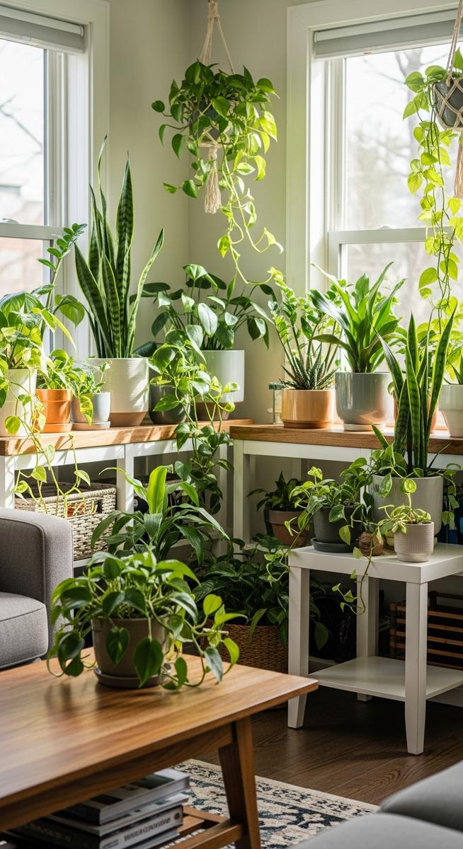 a bright home interior featuring several houseplants on shelves