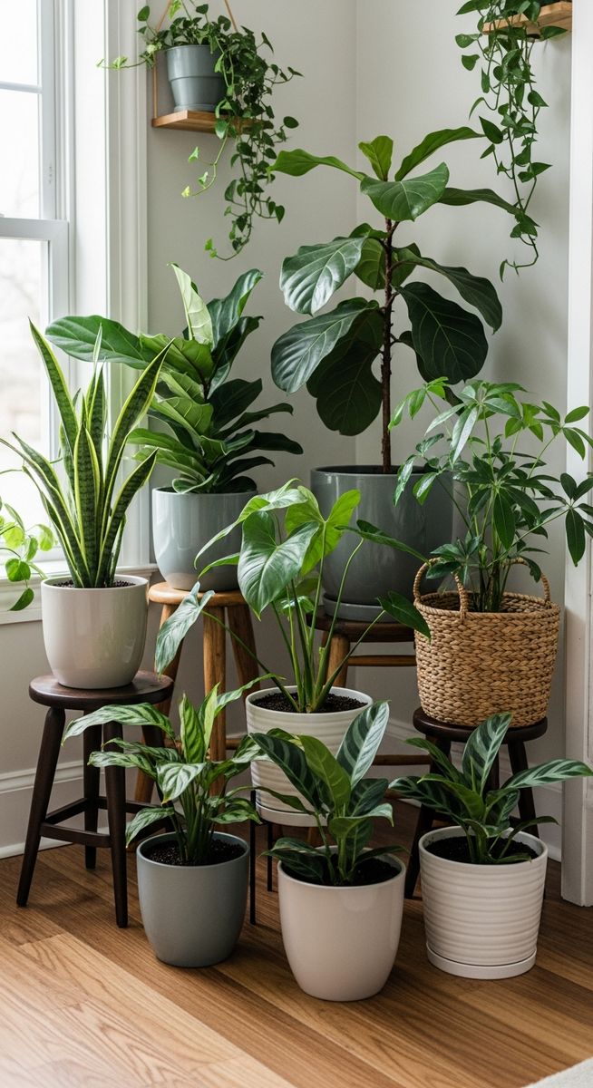 a styled home corner with multiple houseplants of different types, for best indoor plants pet safe