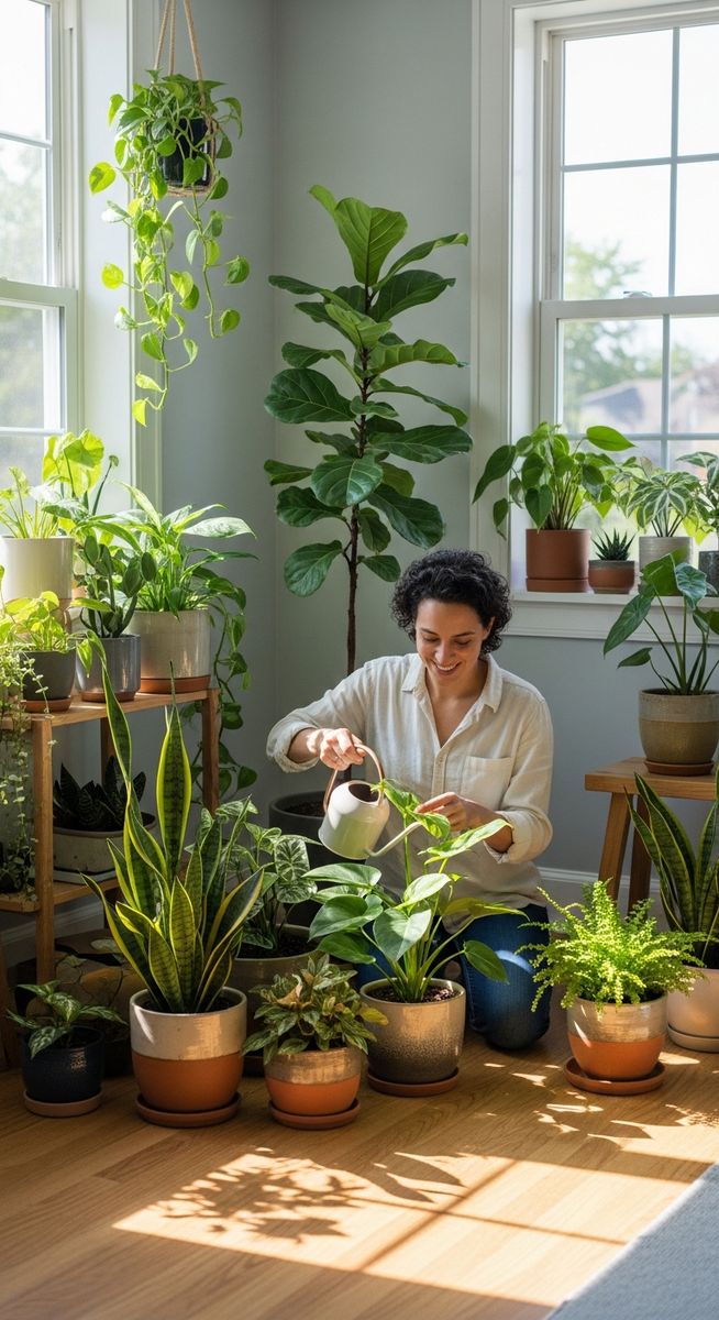 a person tending to a collection of houseplants in a bright home, for best indoor plants pet safe