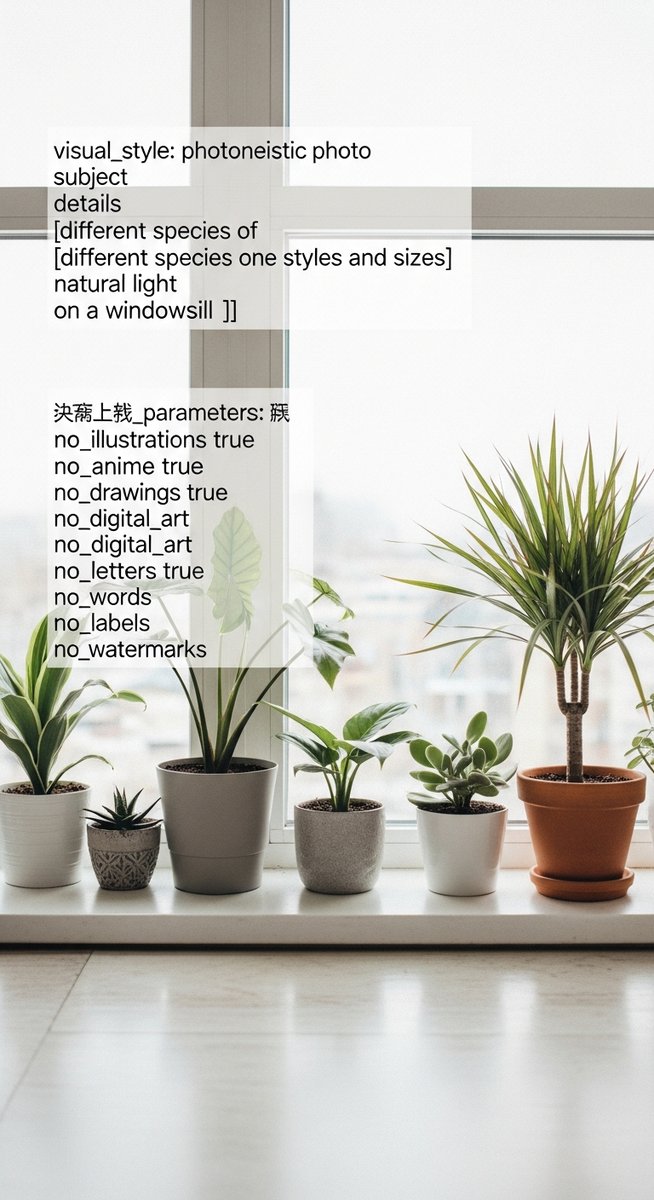 several houseplants of different species on a windowsill in natural light