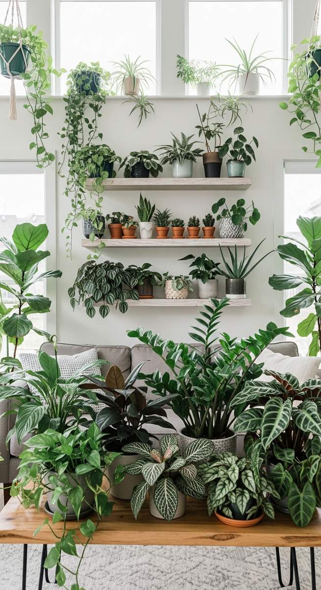 wide shot of a plant-filled home interior with multiple houseplant species