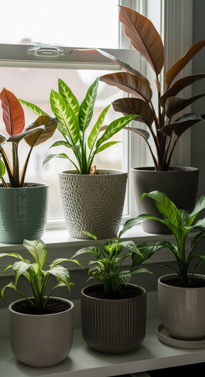several houseplants of different species on a windowsill in natural light