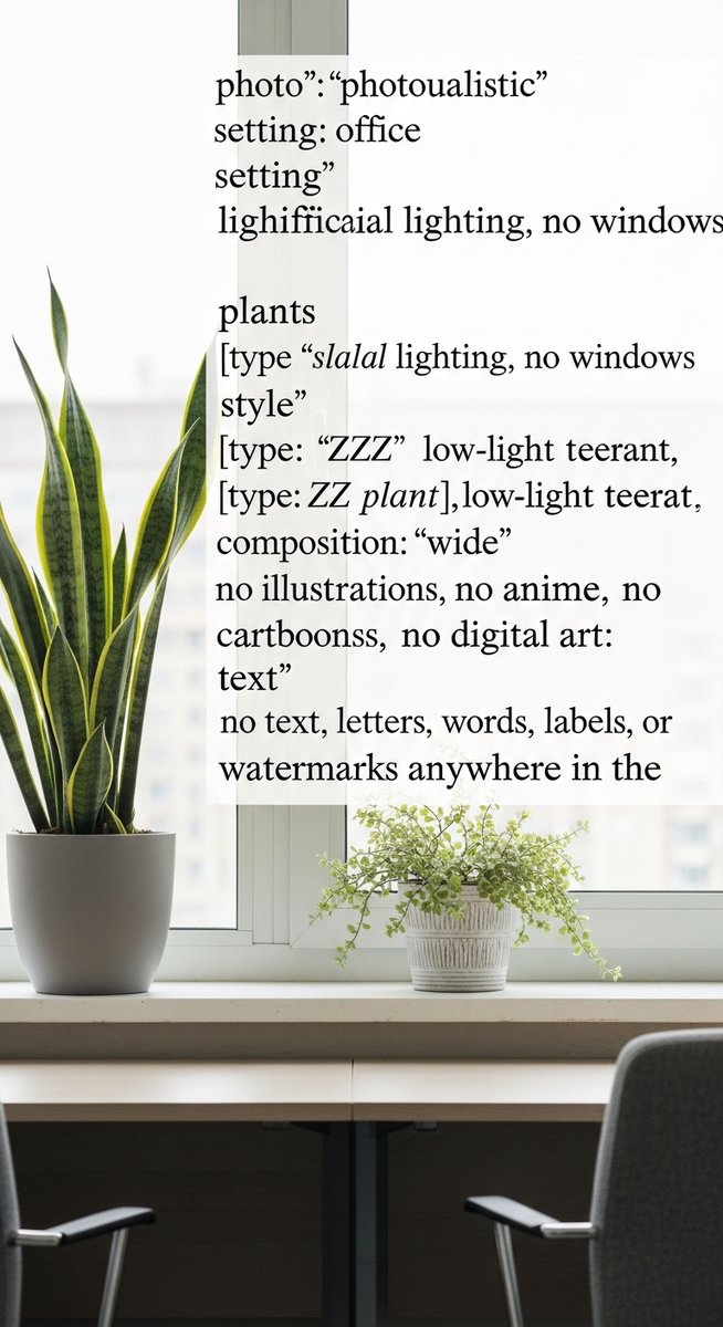 wide shot of a low-light tolerant houseplants such as snake plant and ZZ plant positioned in a office with no windows and artificial lighting