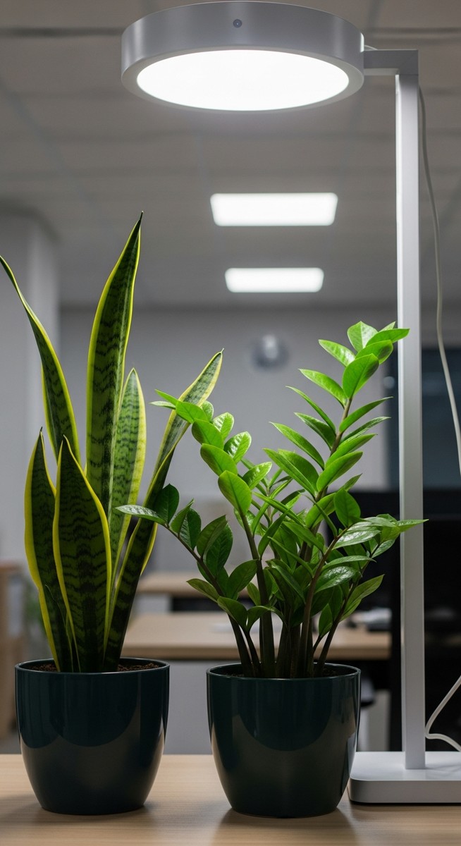 a low-light tolerant houseplants such as snake plant and ZZ plant growing toward the light source in a office with no windows and artificial lighting, for best plants office no windows