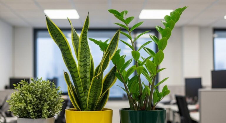 a low-light tolerant houseplants such as snake plant and ZZ plant looking healthy in a office with no windows and artificial lighting, for best plants office no windows