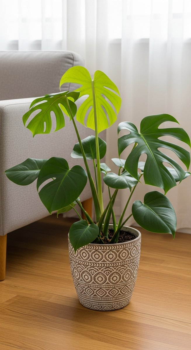 a monstera plant in a decorative pot on a wooden floor