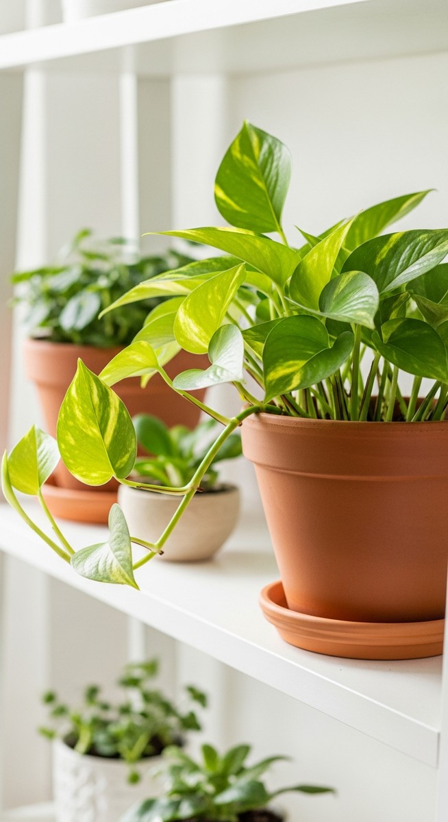 a lush pothos plant in a terracotta pot on a white shelf