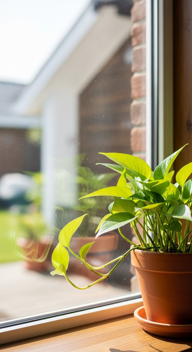 a pothos plant in a pot near a bright window