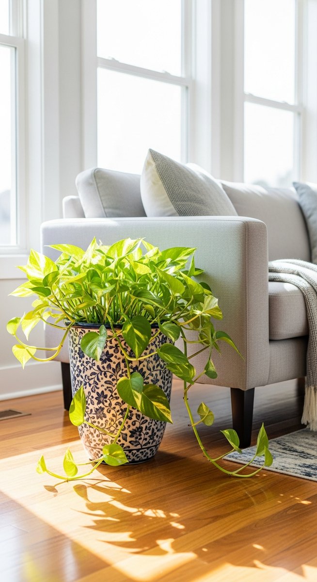 a pothos plant in a decorative pot on a wooden floor
