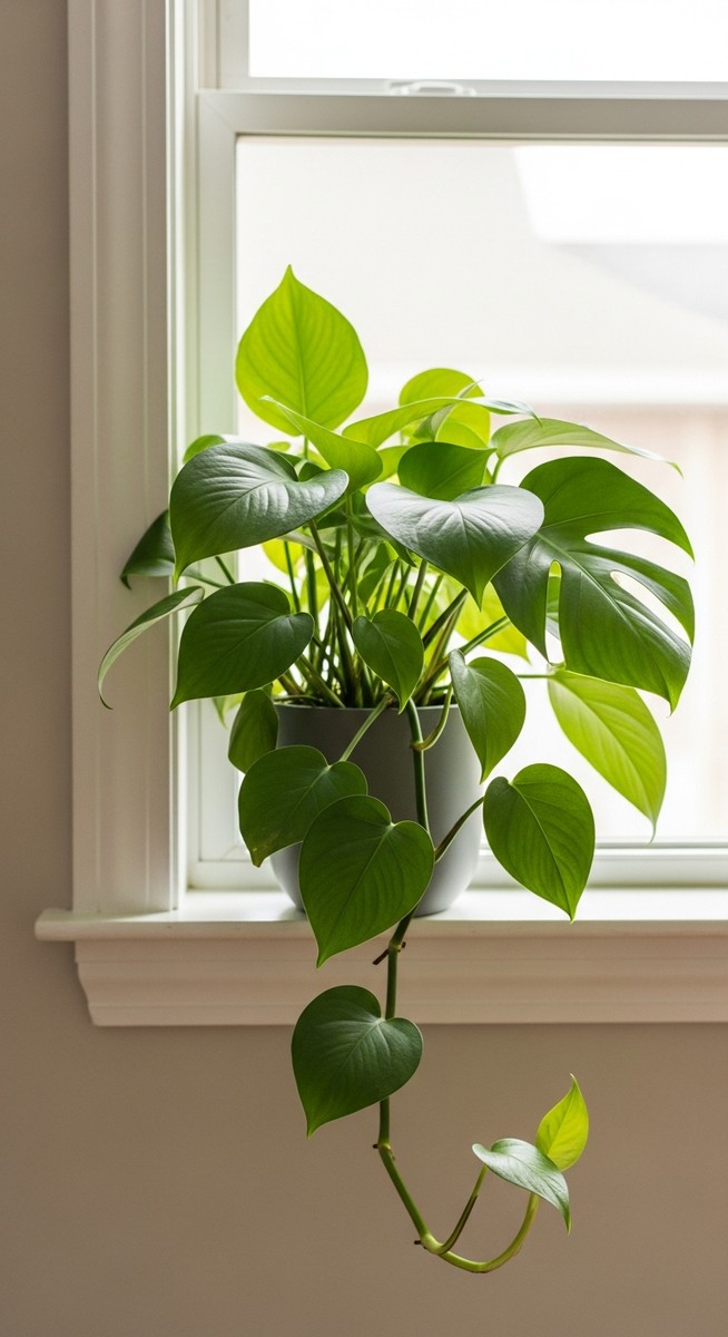 A healthy tropical houseplant such as a pothos or monstera in a bright home inte