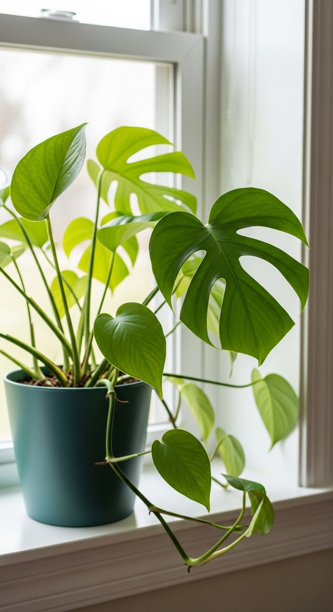 A healthy tropical houseplant such as a pothos or monstera in a bright home inte, for best rooting hormone
