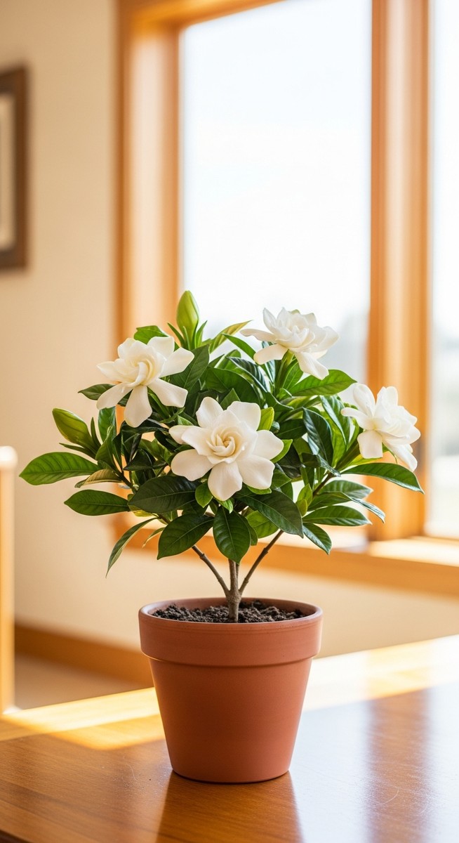 A flowering or fragrant houseplant such as a gardenia or jasmine in a bright hom