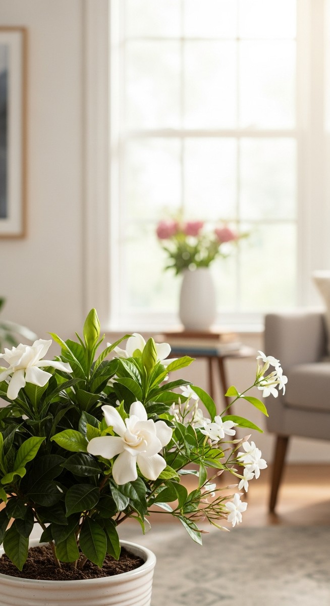 A flowering or fragrant houseplant such as a gardenia or jasmine in a bright hom, for best smelling houseplants