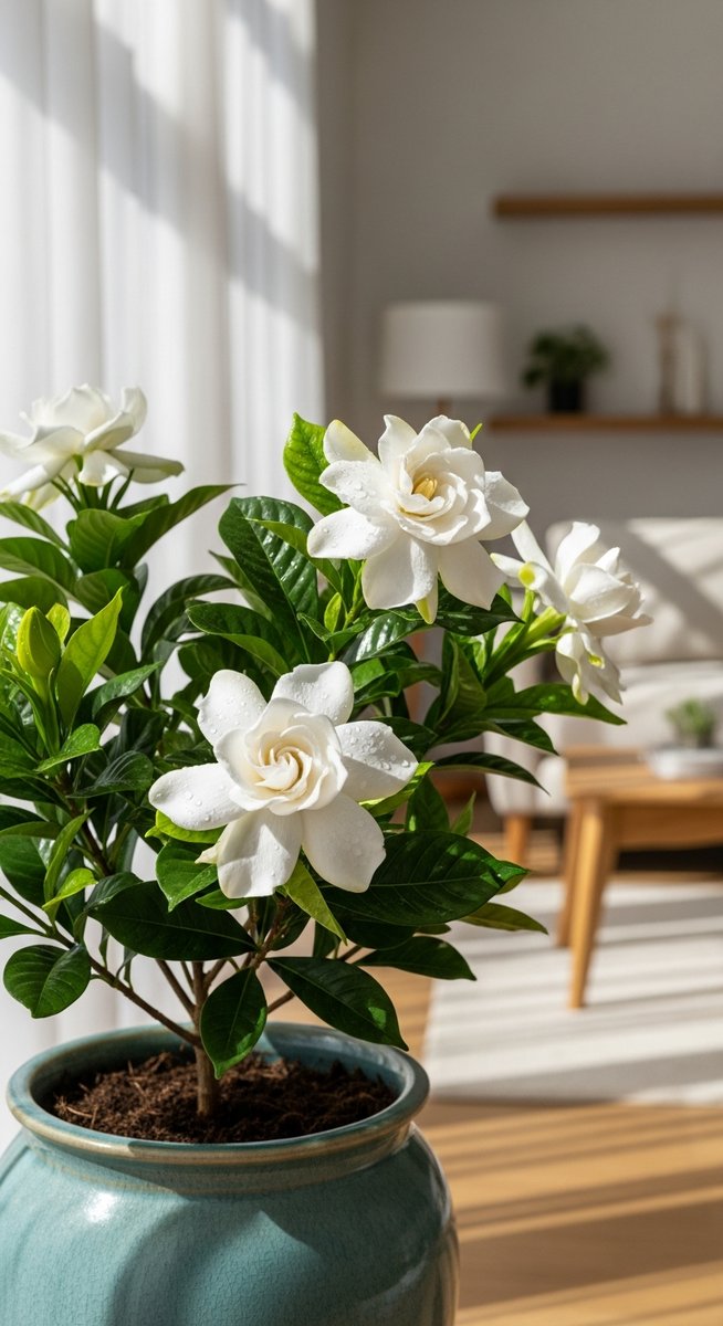 A flowering or fragrant houseplant such as a gardenia or jasmine in a bright hom