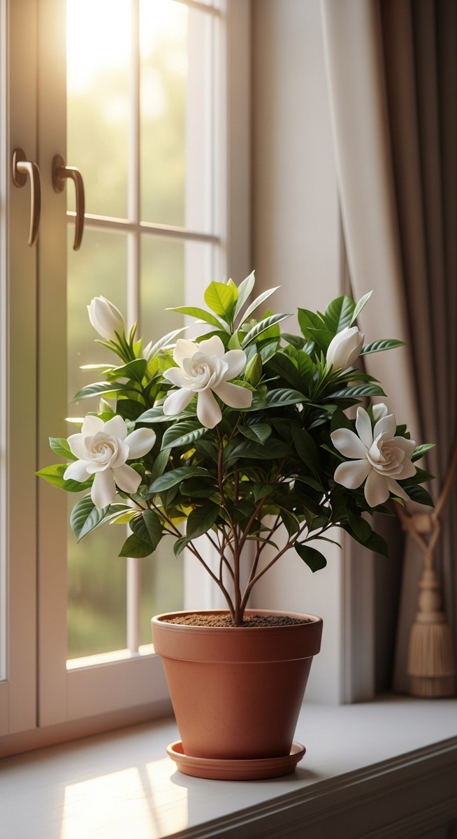 A flowering or fragrant houseplant such as a gardenia or jasmine in a bright hom, for best smelling houseplants