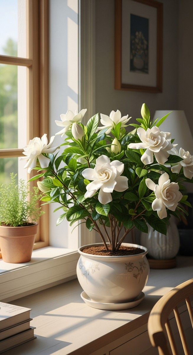 A flowering or fragrant houseplant such as a gardenia or jasmine in a bright hom
